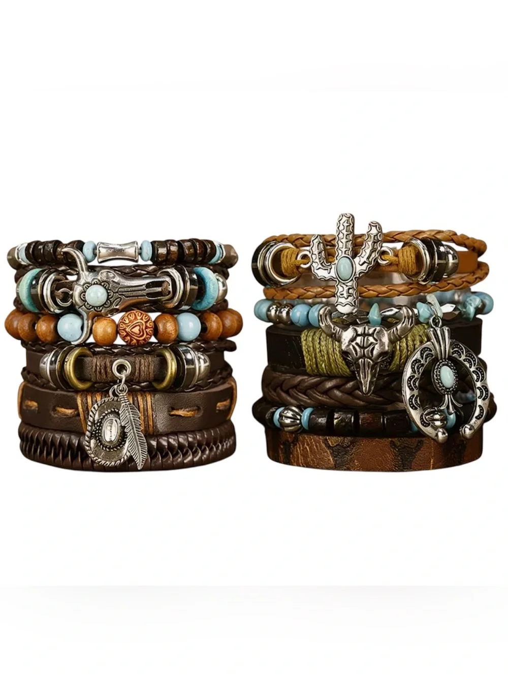 Western Layered Leather & Turquoise Bead Bracelet Stack